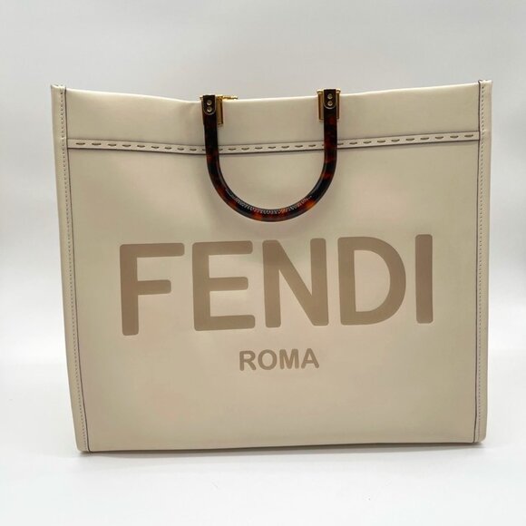 Vitello King Plexiglass Logo Embossed Large Fendi Sunshine Shopper Tote Cream